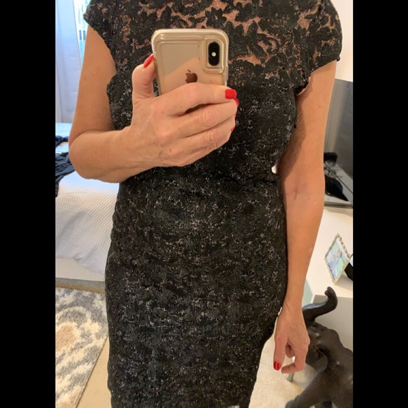 MARINA Black Short sleeve Lace Metallic Dress - Picture 2 of 8